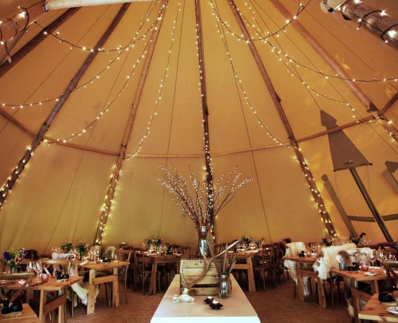 Indrettet skovtelt i Herthadalen med træborde, lysslynger og naturlig dekoration.